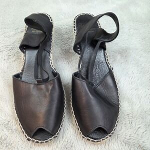 Andre Assous Espadrilles Womens US 10.5 Black Leather Slip On Peep Toe Wedges 41